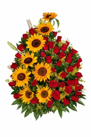Arreglo Elegante de Girasoles y Rosas Rojas – Diseño Premium para Ocasiones Especiales